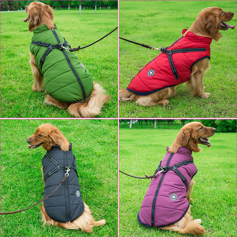 Large Pet Dog Jacket With Harness Winter Warm Dog Clothes