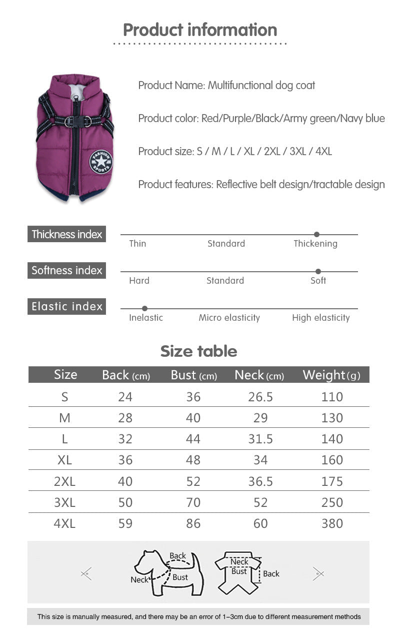 Large Pet Dog Jacket With Harness Winter Warm Dog Clothes